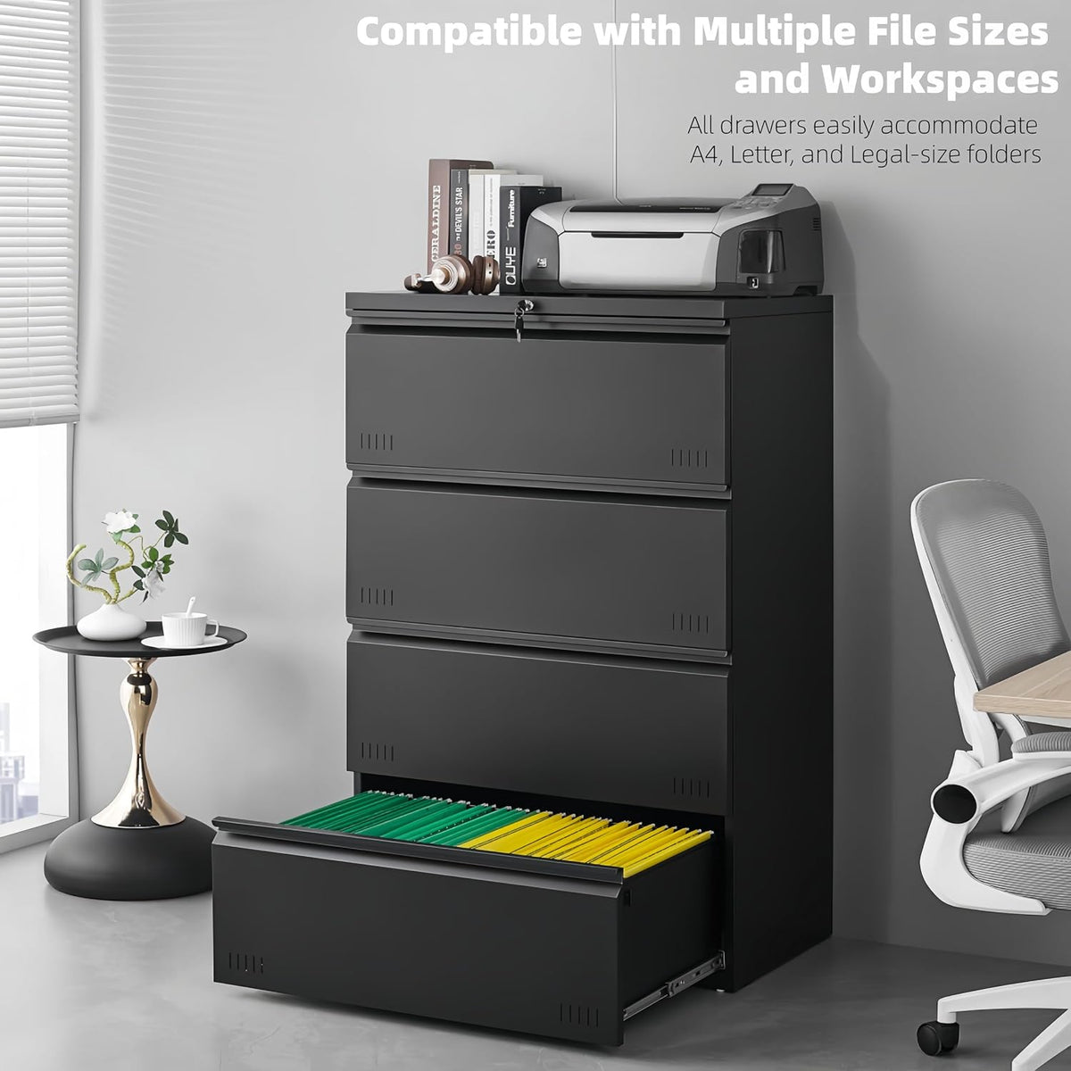 3 Drawer File Cabinet for Home Office, Under Desk Mobile Filing Cabinet with Lock for A4-Size/Letter-Size/Legal-Size, Black (HSEJ-3D)