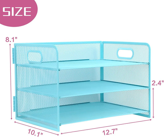 3 Tier Lettrer Tray Organizer with Handle, Metal Mesh Desk File Organizer with Sliding Trays, Paper Sorter Desk for Home Office School, Blue