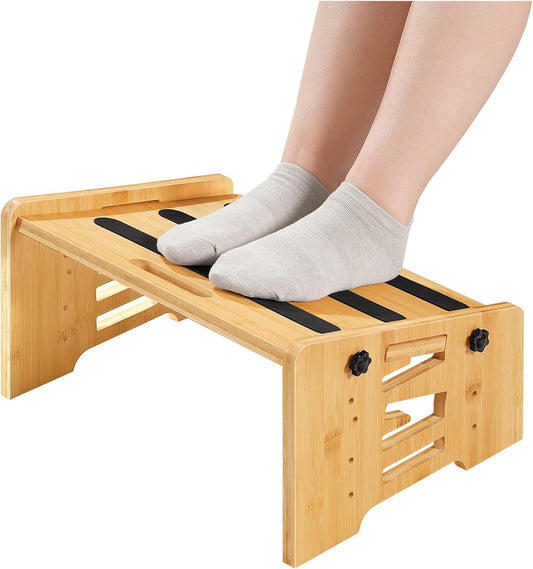 Bamboo Foot Rest, Adjustable Under Desk Footrest with 5 Height Options & Angles, Non-Slip Ergonomic Foot Rest for Under Desk at Work for Improved Posture, for Home & Office, Natural YL01FP01