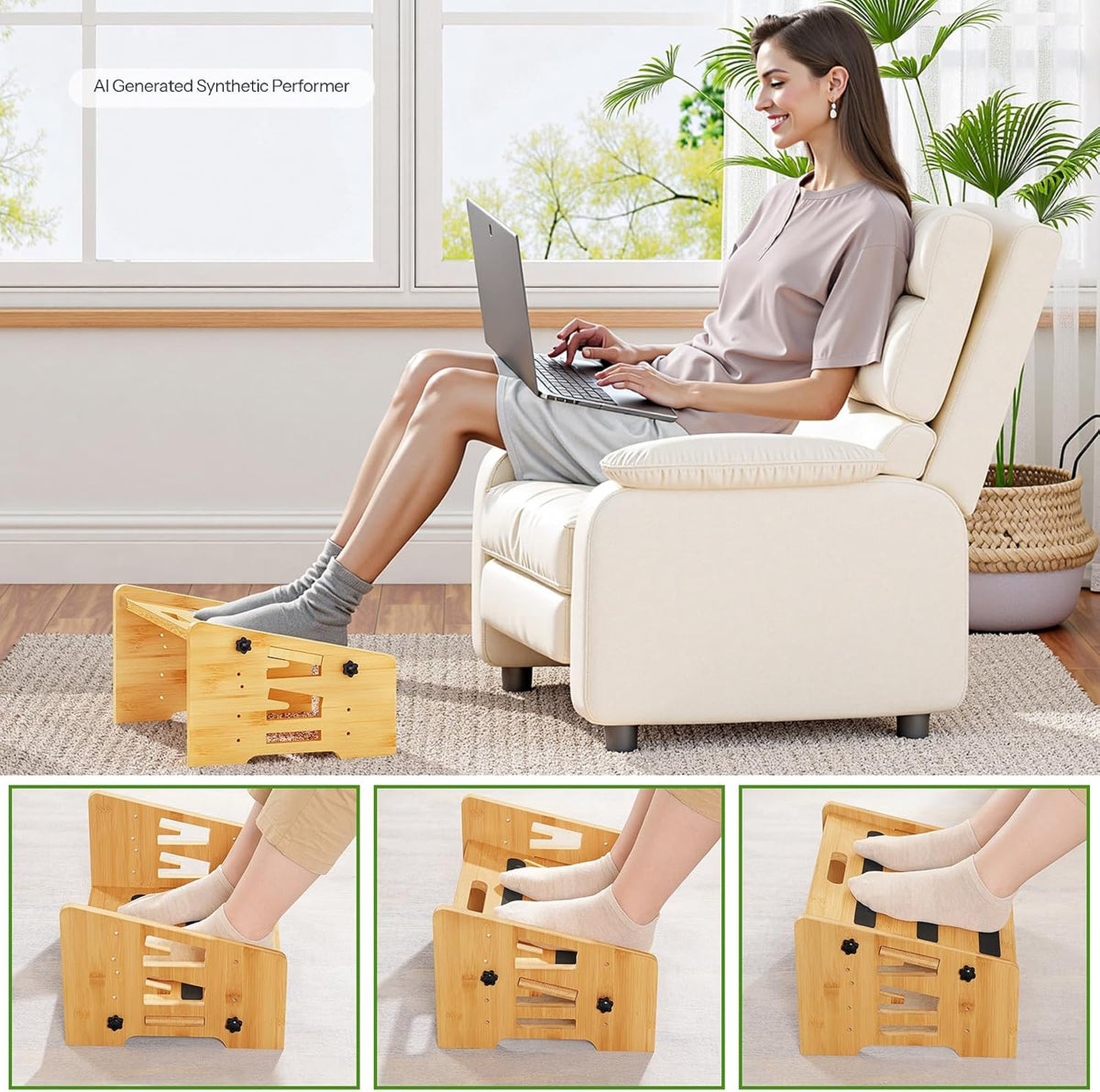 Bamboo Foot Rest, Adjustable Under Desk Footrest with 5 Height Options & Angles, Non-Slip Ergonomic Foot Rest for Under Desk at Work for Improved Posture, for Home & Office, Natural YL01FP01