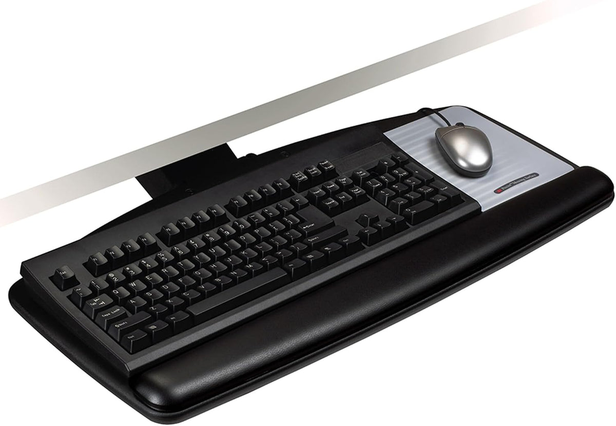 Keyboard Tray, Just Lift to Adjust Height and Tilt, Sturdy Tray Includes Gel Wrist Rest and Precise Mouse Pad, Swivels Side to Side and Stores Under Desk, 23" Track, Black (AKT90LE)