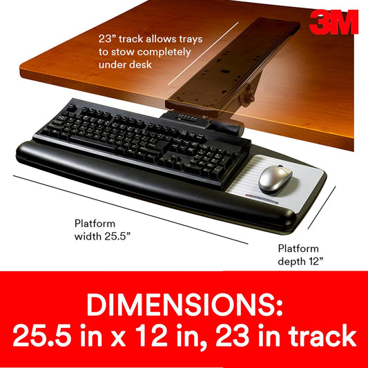 Keyboard Tray, Just Lift to Adjust Height and Tilt, Sturdy Tray Includes Gel Wrist Rest and Precise Mouse Pad, Swivels Side to Side and Stores Under Desk, 23" Track, Black (AKT90LE)