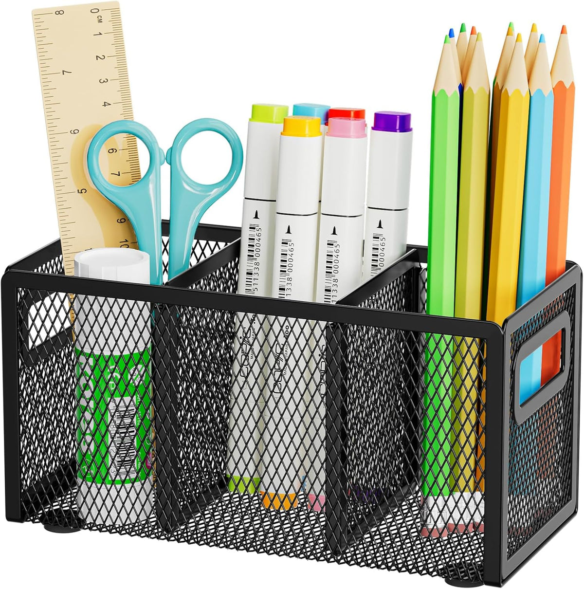 Mesh Pen Holder for Desk, Pencil Holder Desk Organizer 3 Adjustable Compartments, Pencil Cup with Handle Perfect for Classroom, Office, Home, Makeup, Art (Black)