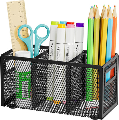 Mesh Pen Holder for Desk, Pencil Holder Desk Organizer 3 Adjustable Compartments, Pencil Cup with Handle Perfect for Classroom, Office, Home, Makeup, Art (Black)