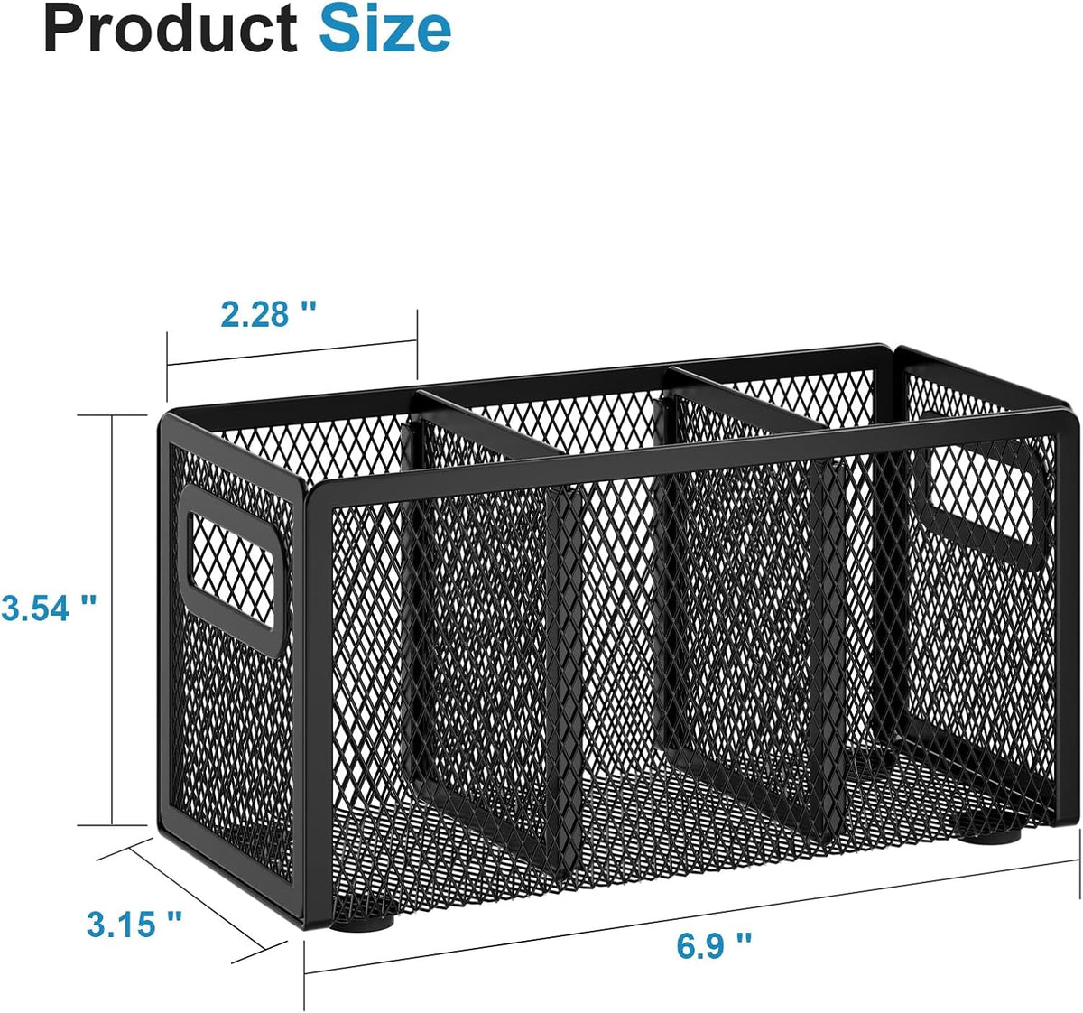 Mesh Pen Holder for Desk, Pencil Holder Desk Organizer 3 Adjustable Compartments, Pencil Cup with Handle Perfect for Classroom, Office, Home, Makeup, Art (Black)