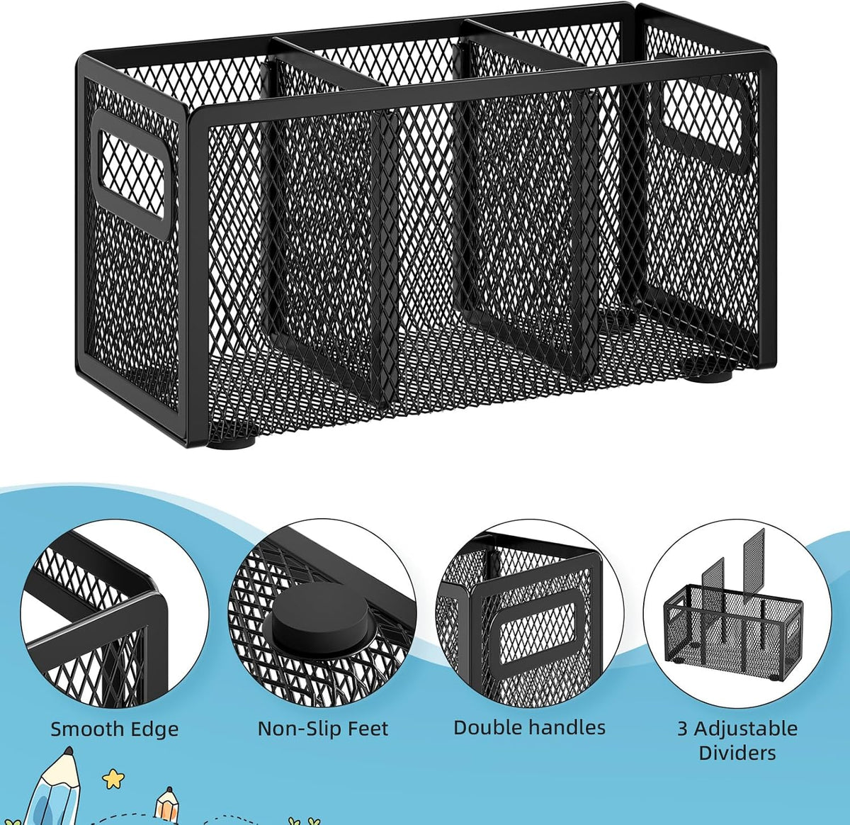 Mesh Pen Holder for Desk, Pencil Holder Desk Organizer 3 Adjustable Compartments, Pencil Cup with Handle Perfect for Classroom, Office, Home, Makeup, Art (Black)