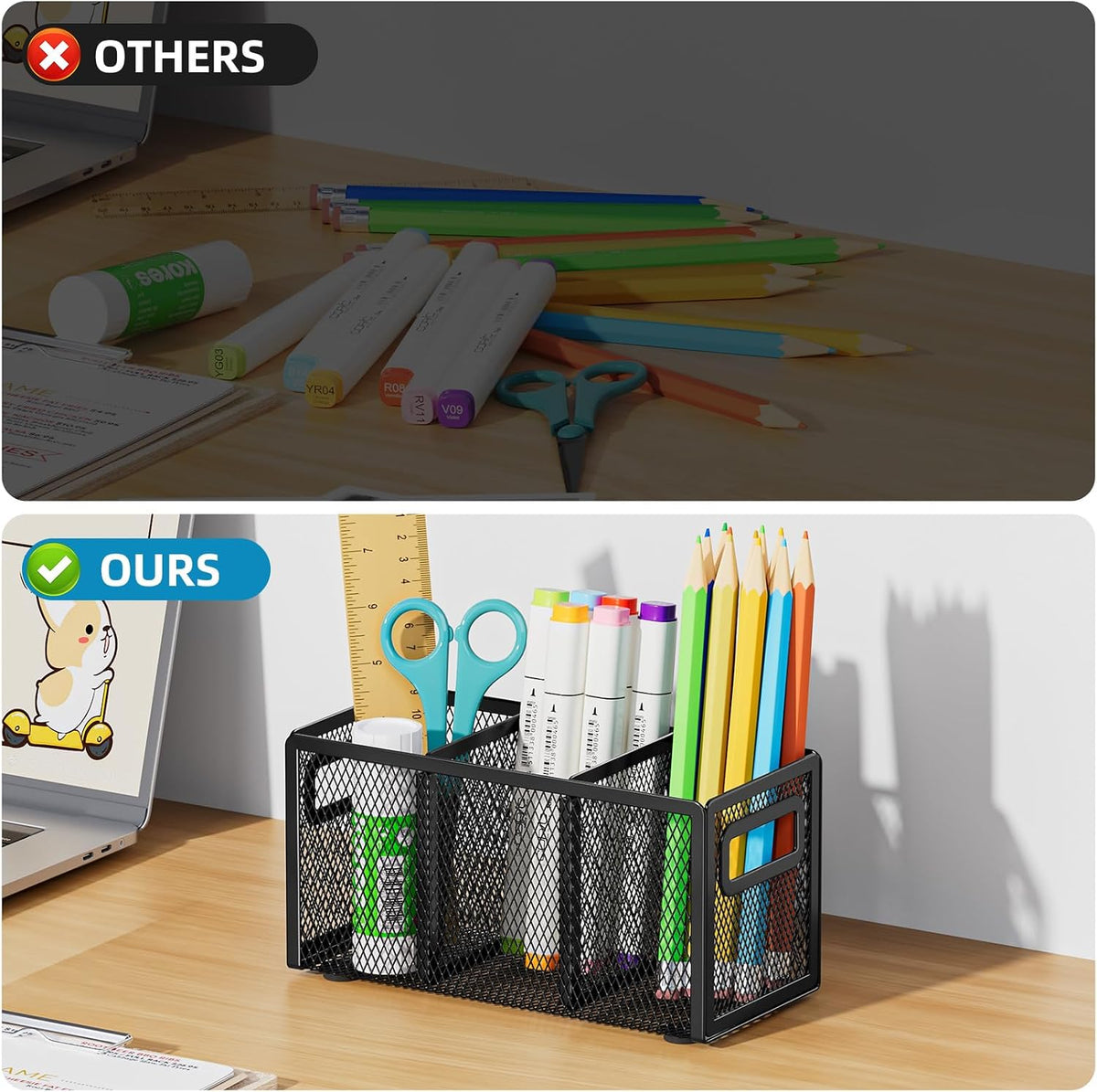 Mesh Pen Holder for Desk, Pencil Holder Desk Organizer 3 Adjustable Compartments, Pencil Cup with Handle Perfect for Classroom, Office, Home, Makeup, Art (Black)