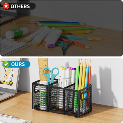 Mesh Pen Holder for Desk, Pencil Holder Desk Organizer 3 Adjustable Compartments, Pencil Cup with Handle Perfect for Classroom, Office, Home, Makeup, Art (Black)