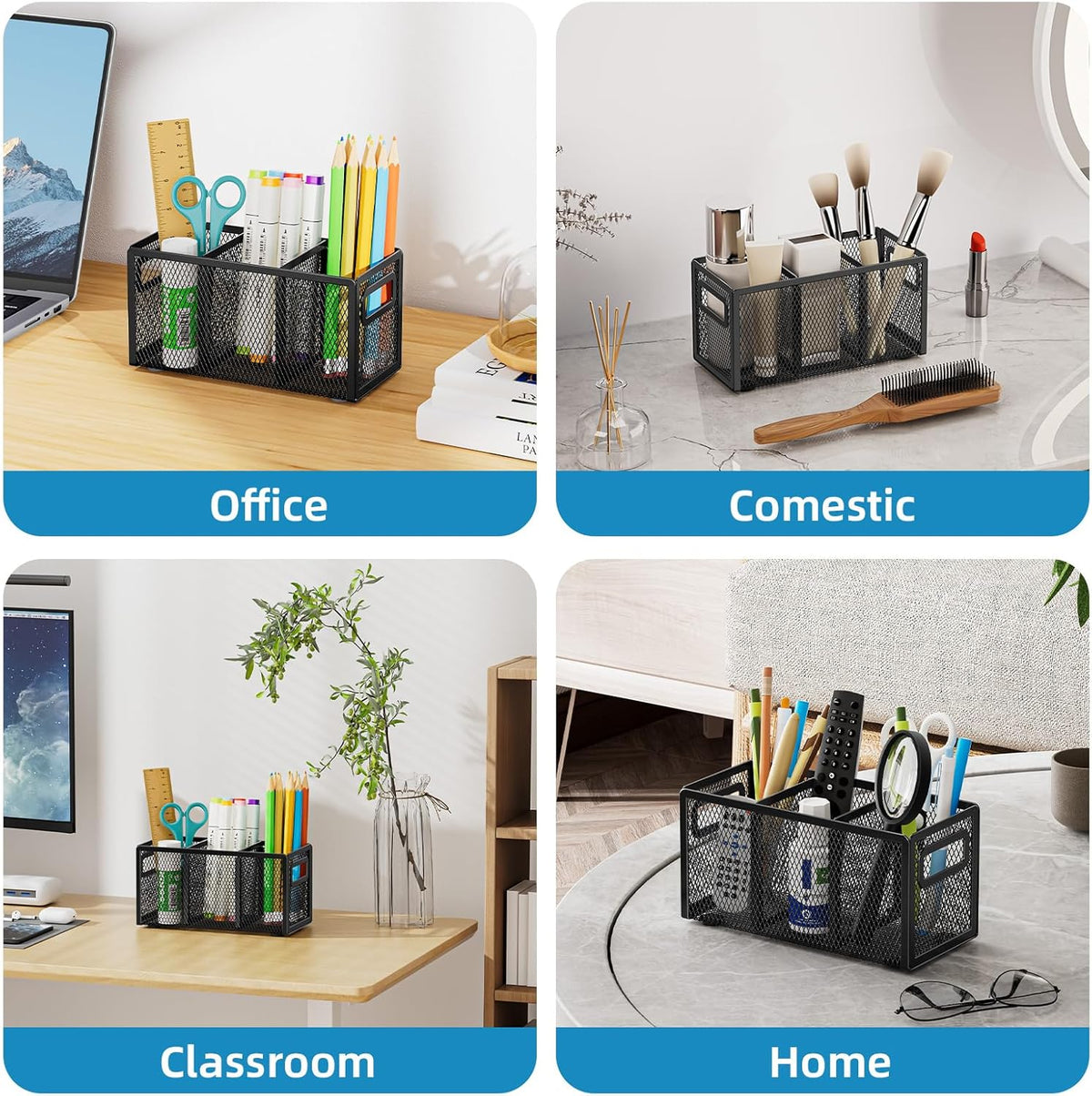 Mesh Pen Holder for Desk, Pencil Holder Desk Organizer 3 Adjustable Compartments, Pencil Cup with Handle Perfect for Classroom, Office, Home, Makeup, Art (Black)
