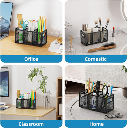 Mesh Pen Holder for Desk, Pencil Holder Desk Organizer 3 Adjustable Compartments, Pencil Cup with Handle Perfect for Classroom, Office, Home, Makeup, Art (Black)