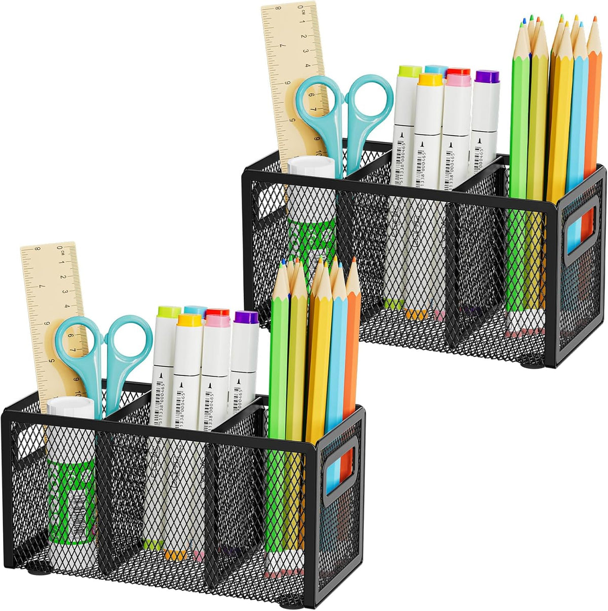 Mesh Pen Holder for Desk, Pencil Holder Desk Organizer 3 Adjustable Compartments, Pencil Cup with Handle Perfect for Classroom, Office, Home, Makeup, Art (Black)