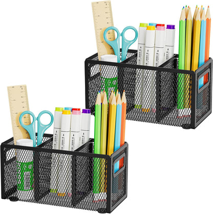 Mesh Pen Holder for Desk, Pencil Holder Desk Organizer 3 Adjustable Compartments, Pencil Cup with Handle Perfect for Classroom, Office, Home, Makeup, Art (Black)