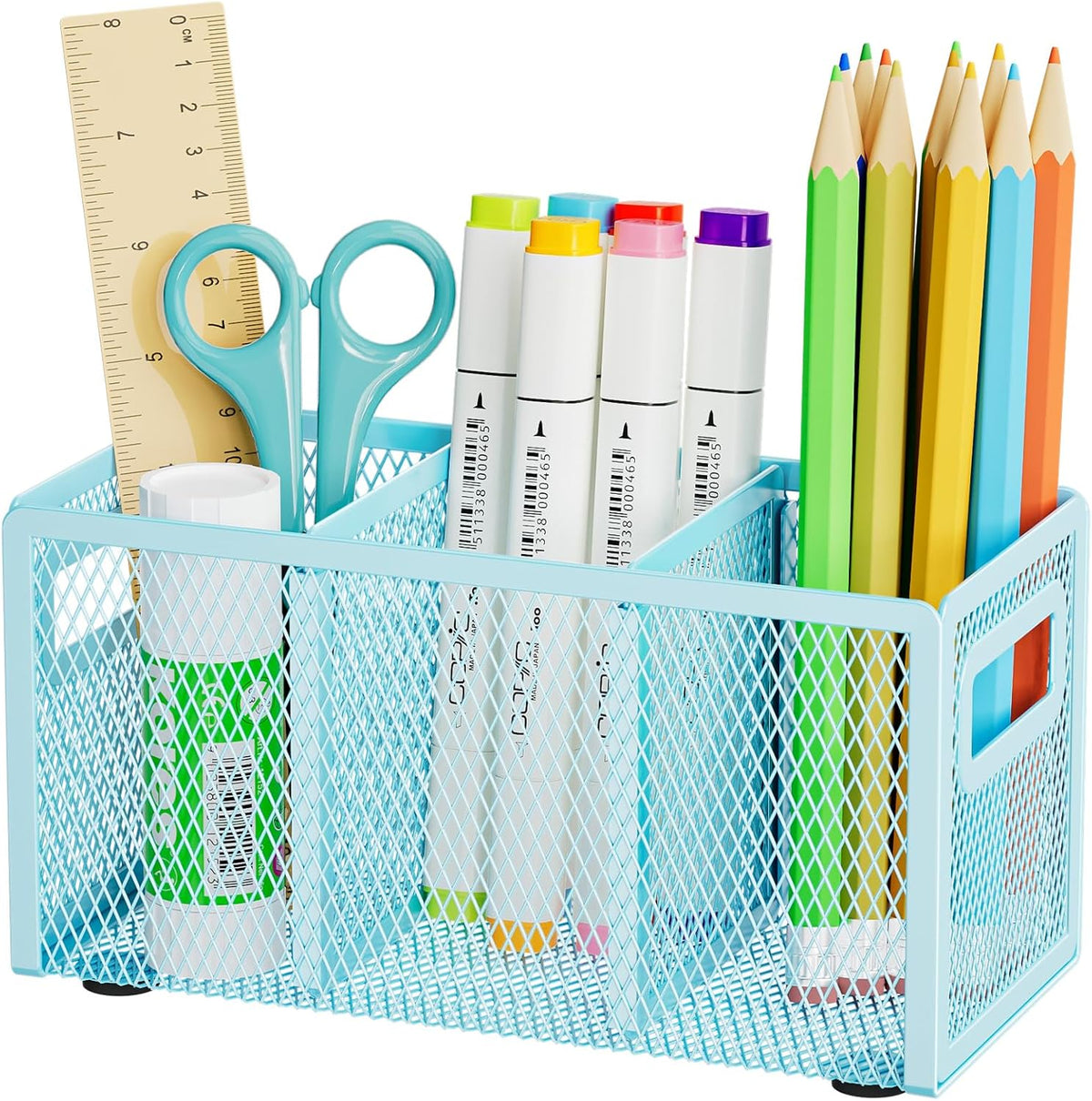 Mesh Pen Holder for Desk, Pencil Holder Desk Organizer 3 Adjustable Compartments, Pencil Cup with Handle Perfect for Classroom, Office, Home, Makeup, Art (Black)