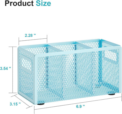 Mesh Pen Holder for Desk, Pencil Holder Desk Organizer 3 Adjustable Compartments, Pencil Cup with Handle Perfect for Classroom, Office, Home, Makeup, Art (Black)