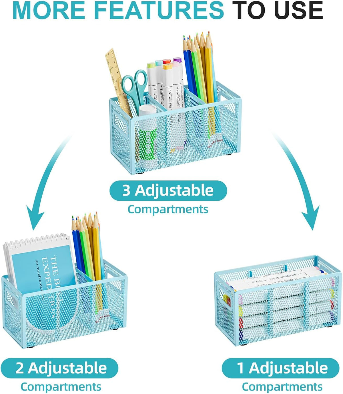 Mesh Pen Holder for Desk, Pencil Holder Desk Organizer 3 Adjustable Compartments, Pencil Cup with Handle Perfect for Classroom, Office, Home, Makeup, Art (Black)