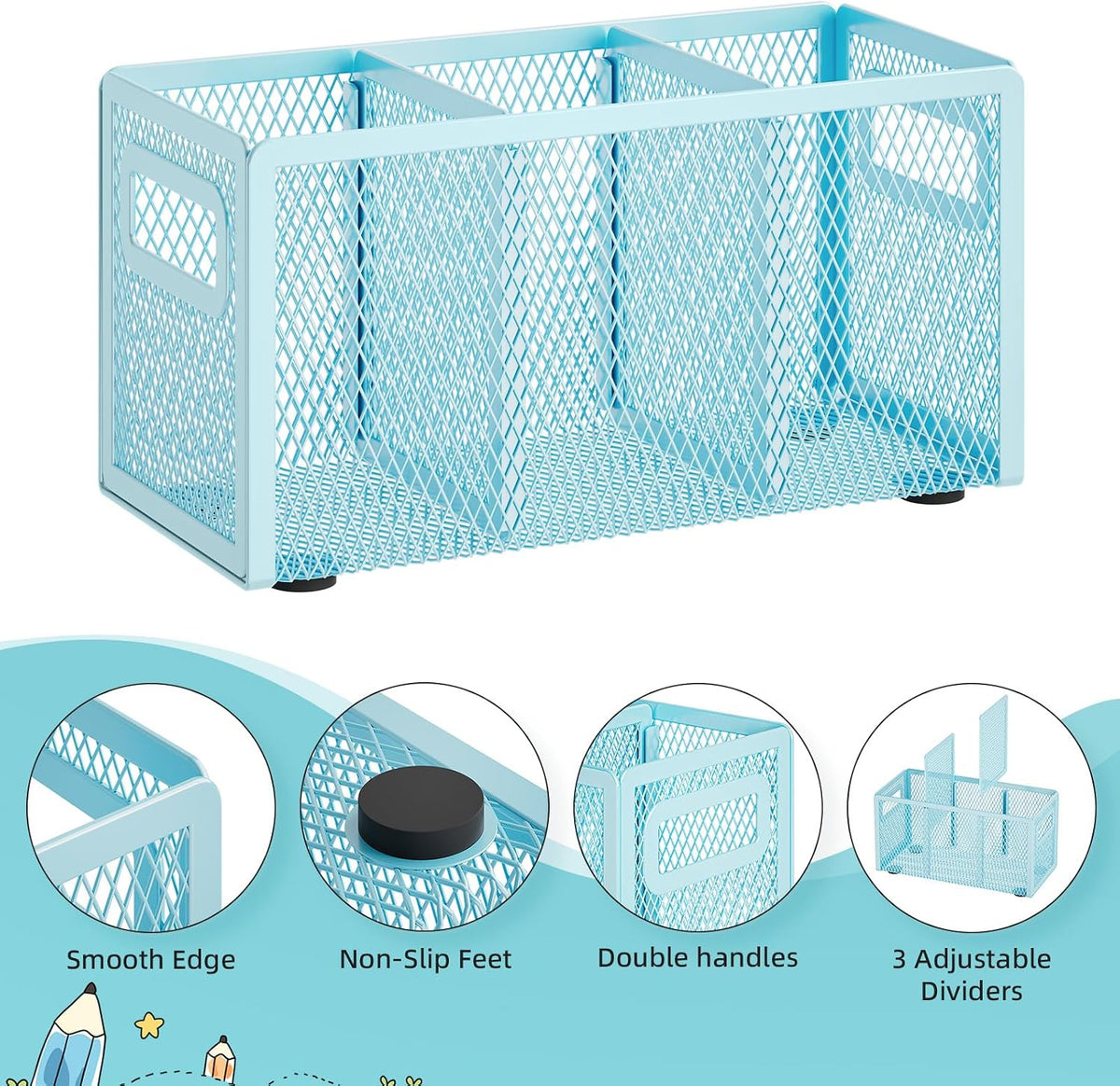 Mesh Pen Holder for Desk, Pencil Holder Desk Organizer 3 Adjustable Compartments, Pencil Cup with Handle Perfect for Classroom, Office, Home, Makeup, Art (Black)