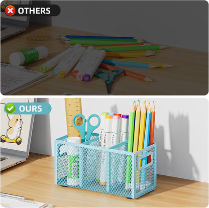 Mesh Pen Holder for Desk, Pencil Holder Desk Organizer 3 Adjustable Compartments, Pencil Cup with Handle Perfect for Classroom, Office, Home, Makeup, Art (Black)