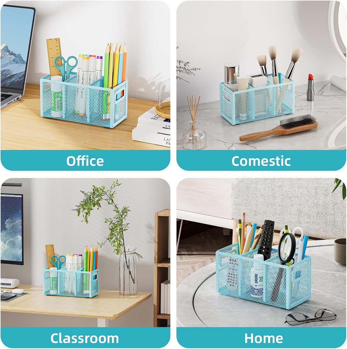 Mesh Pen Holder for Desk, Pencil Holder Desk Organizer 3 Adjustable Compartments, Pencil Cup with Handle Perfect for Classroom, Office, Home, Makeup, Art (Black)