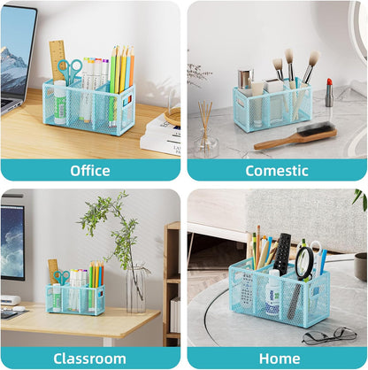 Mesh Pen Holder for Desk, Pencil Holder Desk Organizer 3 Adjustable Compartments, Pencil Cup with Handle Perfect for Classroom, Office, Home, Makeup, Art (Black)