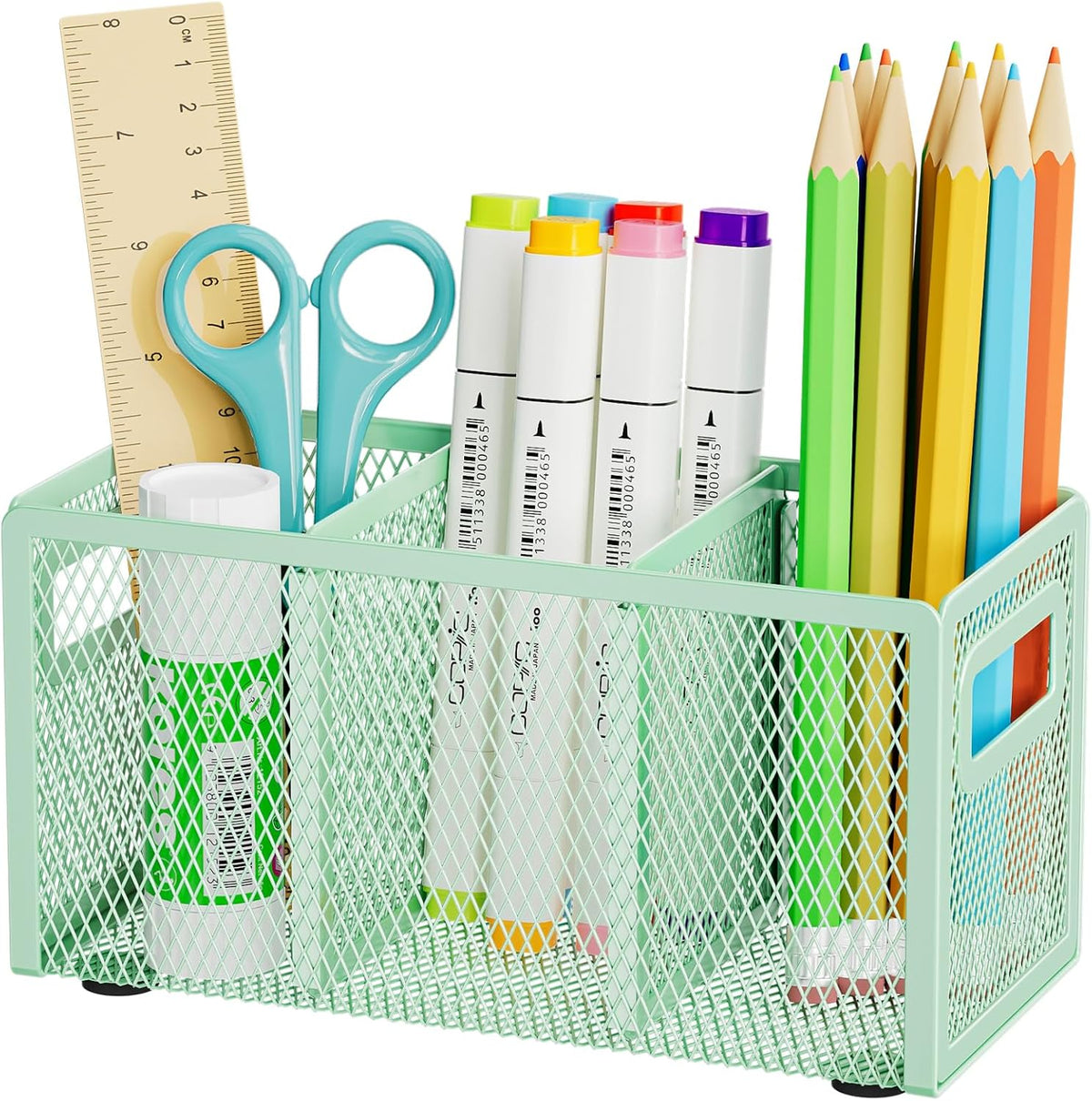 Mesh Pen Holder for Desk, Pencil Holder Desk Organizer 3 Adjustable Compartments, Pencil Cup with Handle Perfect for Classroom, Office, Home, Makeup, Art (Black)