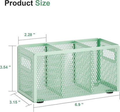 Mesh Pen Holder for Desk, Pencil Holder Desk Organizer 3 Adjustable Compartments, Pencil Cup with Handle Perfect for Classroom, Office, Home, Makeup, Art (Black)