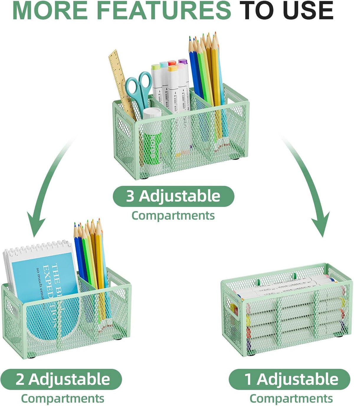 Mesh Pen Holder for Desk, Pencil Holder Desk Organizer 3 Adjustable Compartments, Pencil Cup with Handle Perfect for Classroom, Office, Home, Makeup, Art (Black)