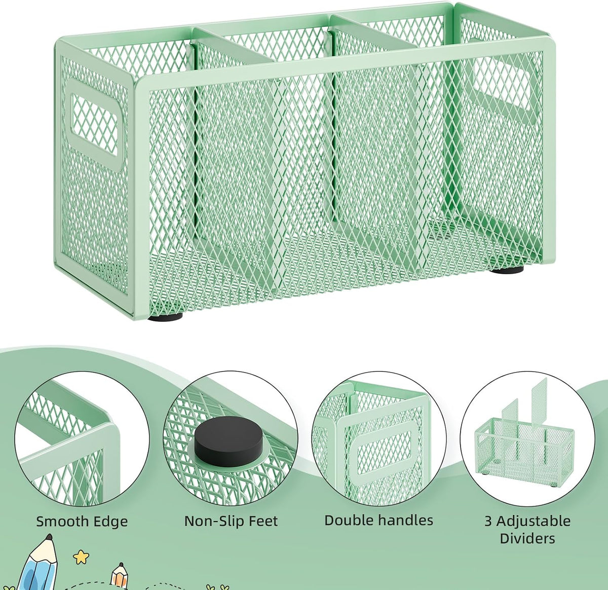 Mesh Pen Holder for Desk, Pencil Holder Desk Organizer 3 Adjustable Compartments, Pencil Cup with Handle Perfect for Classroom, Office, Home, Makeup, Art (Black)
