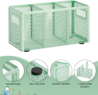 Mesh Pen Holder for Desk, Pencil Holder Desk Organizer 3 Adjustable Compartments, Pencil Cup with Handle Perfect for Classroom, Office, Home, Makeup, Art (Black)