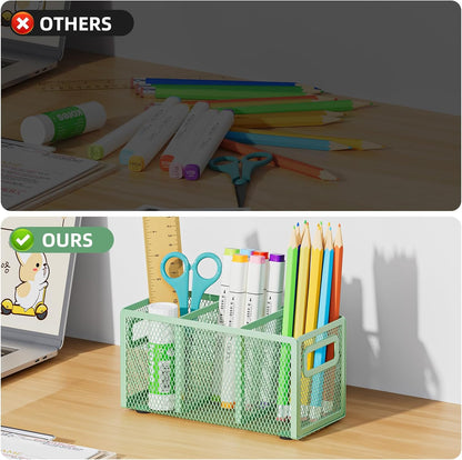 Mesh Pen Holder for Desk, Pencil Holder Desk Organizer 3 Adjustable Compartments, Pencil Cup with Handle Perfect for Classroom, Office, Home, Makeup, Art (Black)