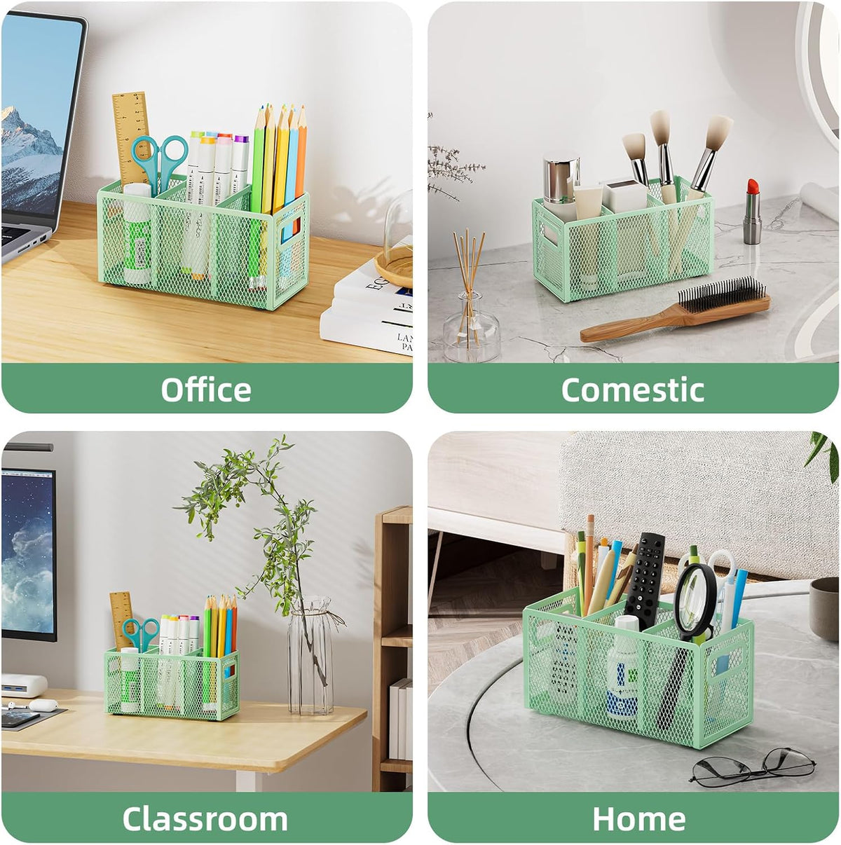 Mesh Pen Holder for Desk, Pencil Holder Desk Organizer 3 Adjustable Compartments, Pencil Cup with Handle Perfect for Classroom, Office, Home, Makeup, Art (Black)