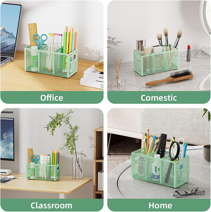 Mesh Pen Holder for Desk, Pencil Holder Desk Organizer 3 Adjustable Compartments, Pencil Cup with Handle Perfect for Classroom, Office, Home, Makeup, Art (Black)