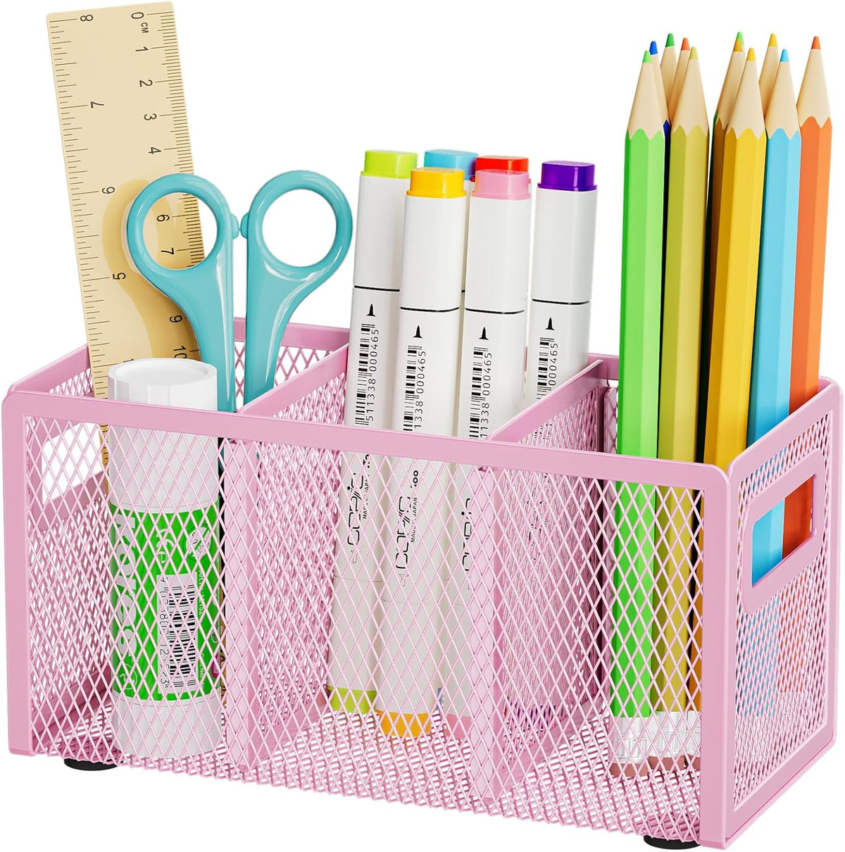 Mesh Pen Holder for Desk, Pencil Holder Desk Organizer 3 Adjustable Compartments, Pencil Cup with Handle Perfect for Classroom, Office, Home, Makeup, Art (Black)
