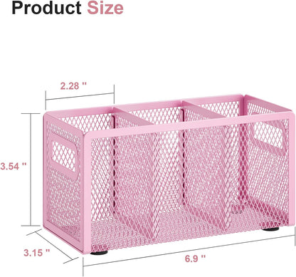 Mesh Pen Holder for Desk, Pencil Holder Desk Organizer 3 Adjustable Compartments, Pencil Cup with Handle Perfect for Classroom, Office, Home, Makeup, Art (Black)
