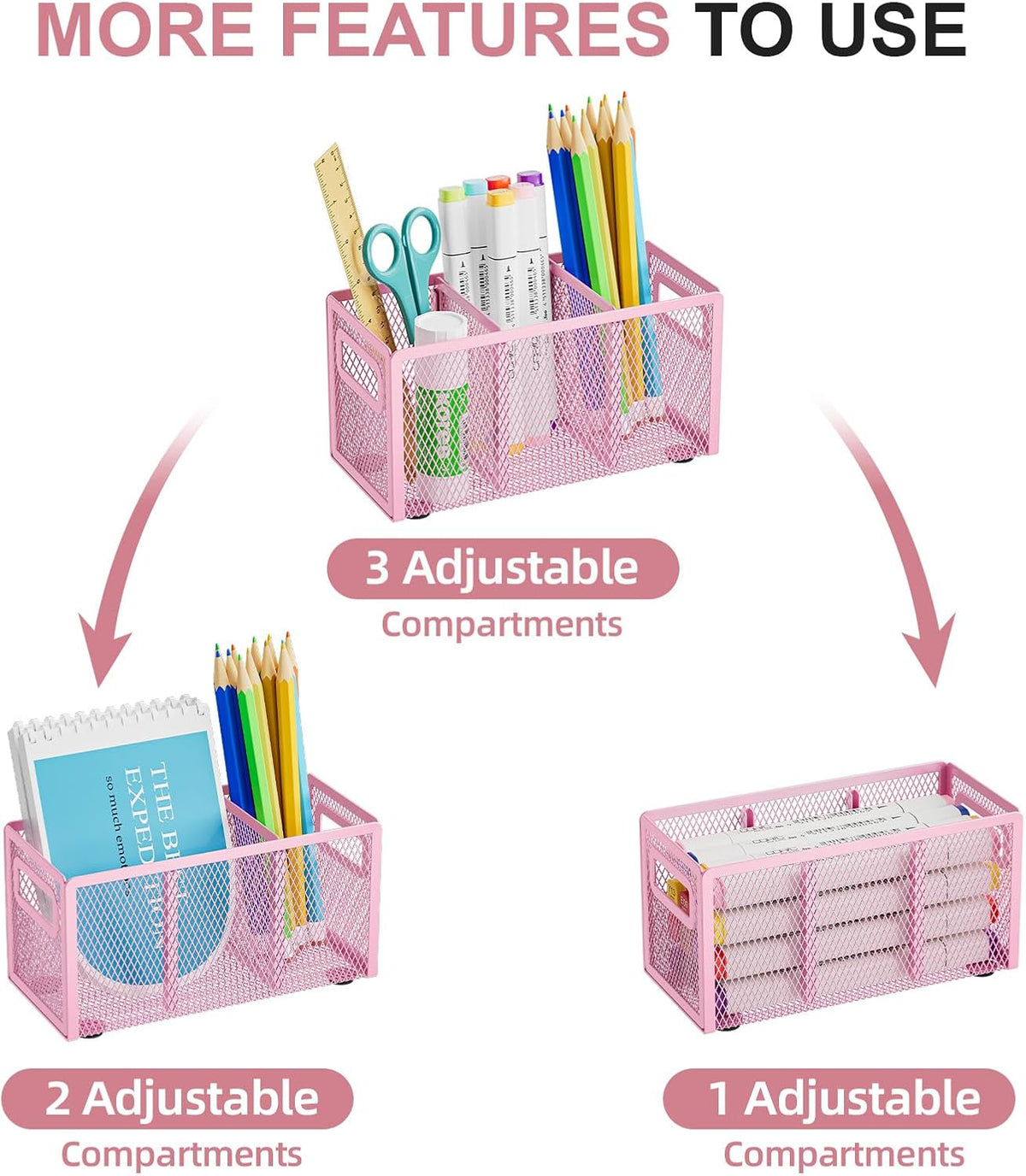 Mesh Pen Holder for Desk, Pencil Holder Desk Organizer 3 Adjustable Compartments, Pencil Cup with Handle Perfect for Classroom, Office, Home, Makeup, Art (Black)