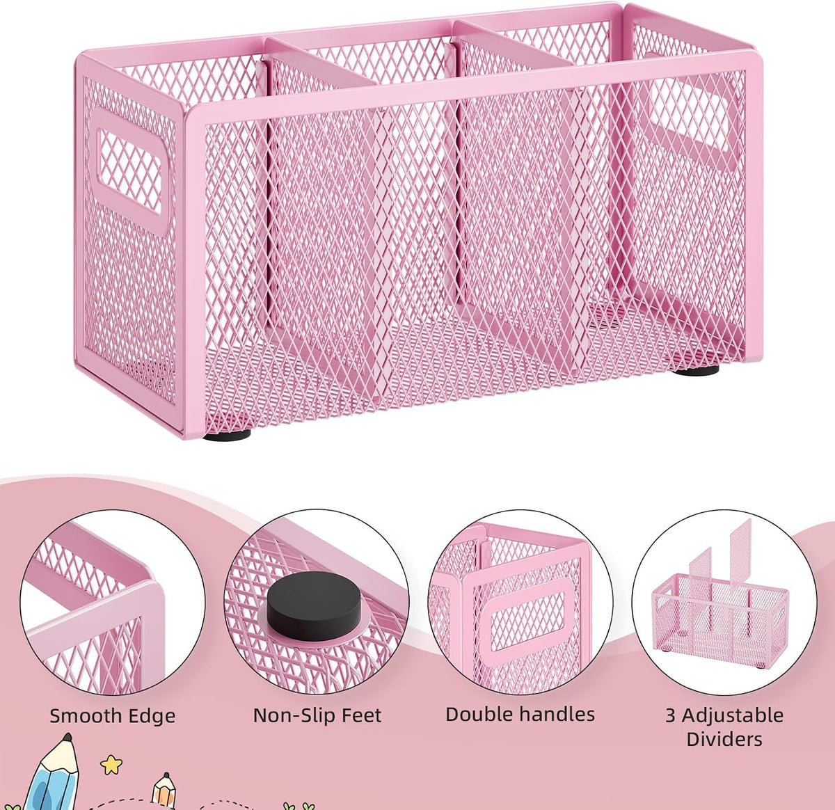 Mesh Pen Holder for Desk, Pencil Holder Desk Organizer 3 Adjustable Compartments, Pencil Cup with Handle Perfect for Classroom, Office, Home, Makeup, Art (Black)