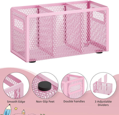 Mesh Pen Holder for Desk, Pencil Holder Desk Organizer 3 Adjustable Compartments, Pencil Cup with Handle Perfect for Classroom, Office, Home, Makeup, Art (Black)