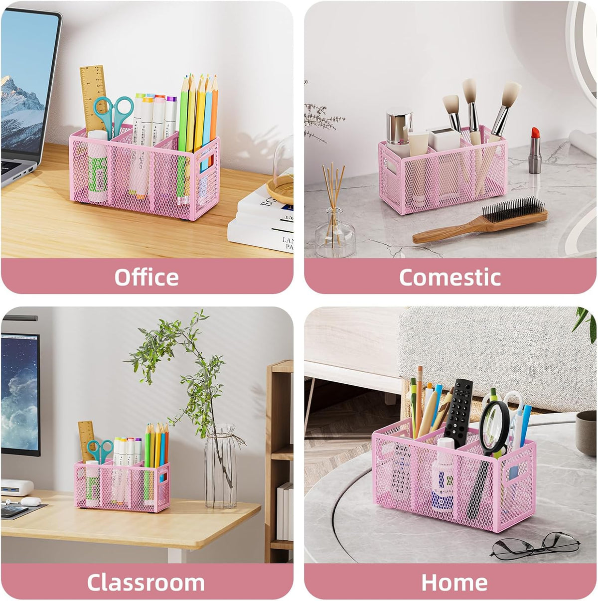 Mesh Pen Holder for Desk, Pencil Holder Desk Organizer 3 Adjustable Compartments, Pencil Cup with Handle Perfect for Classroom, Office, Home, Makeup, Art (Black)