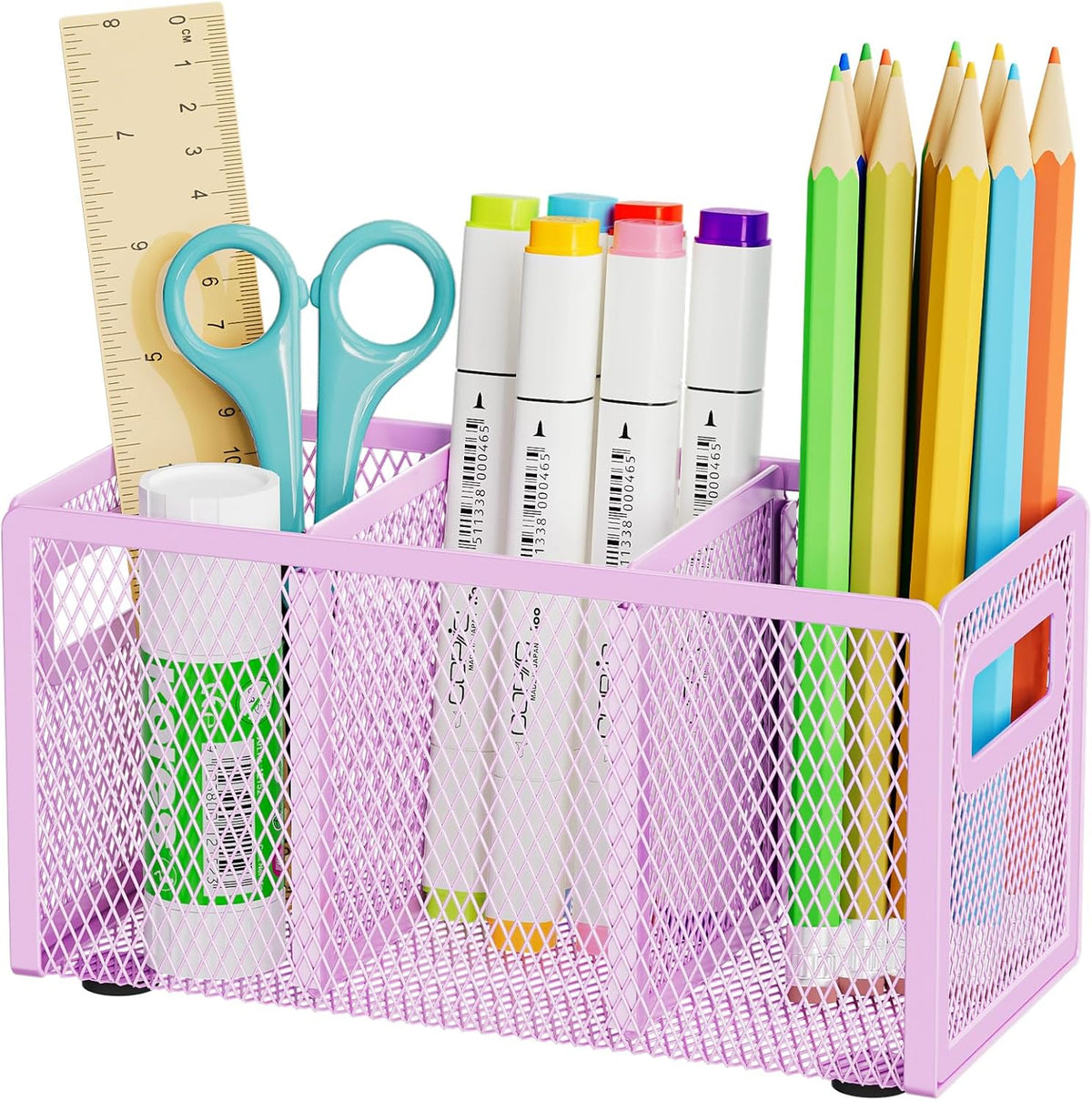 Mesh Pen Holder for Desk, Pencil Holder Desk Organizer 3 Adjustable Compartments, Pencil Cup with Handle Perfect for Classroom, Office, Home, Makeup, Art (Black)