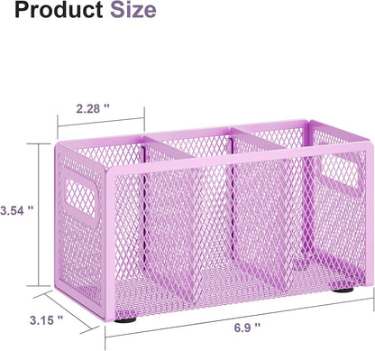 Mesh Pen Holder for Desk, Pencil Holder Desk Organizer 3 Adjustable Compartments, Pencil Cup with Handle Perfect for Classroom, Office, Home, Makeup, Art (Black)