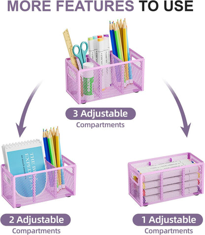 Mesh Pen Holder for Desk, Pencil Holder Desk Organizer 3 Adjustable Compartments, Pencil Cup with Handle Perfect for Classroom, Office, Home, Makeup, Art (Black)