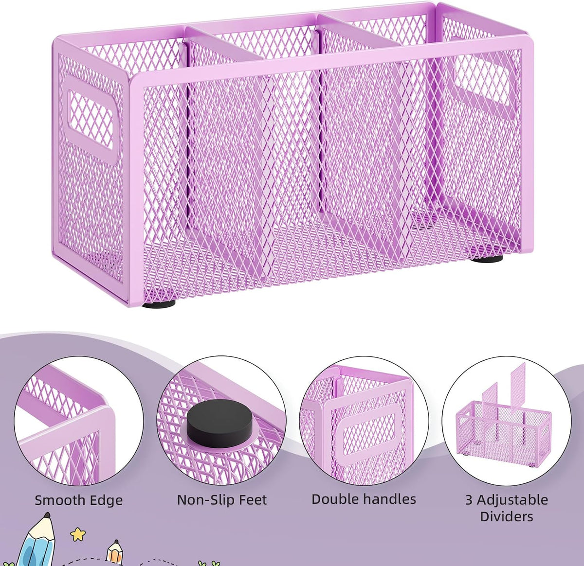 Mesh Pen Holder for Desk, Pencil Holder Desk Organizer 3 Adjustable Compartments, Pencil Cup with Handle Perfect for Classroom, Office, Home, Makeup, Art (Black)