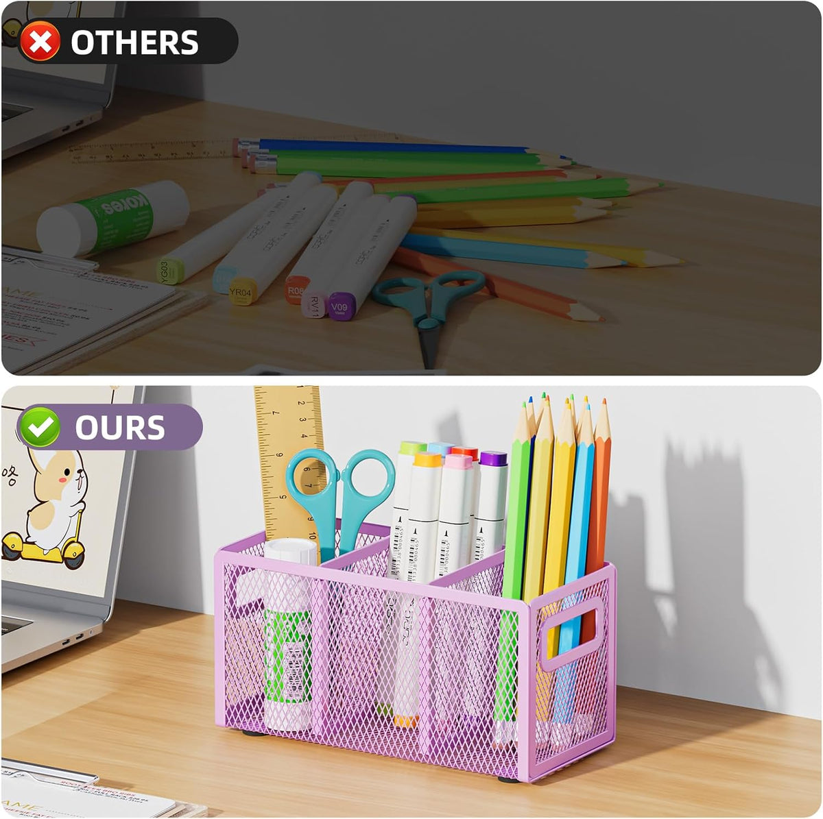 Mesh Pen Holder for Desk, Pencil Holder Desk Organizer 3 Adjustable Compartments, Pencil Cup with Handle Perfect for Classroom, Office, Home, Makeup, Art (Black)
