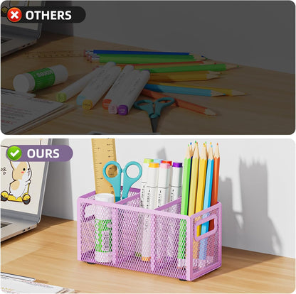 Mesh Pen Holder for Desk, Pencil Holder Desk Organizer 3 Adjustable Compartments, Pencil Cup with Handle Perfect for Classroom, Office, Home, Makeup, Art (Black)