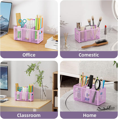 Mesh Pen Holder for Desk, Pencil Holder Desk Organizer 3 Adjustable Compartments, Pencil Cup with Handle Perfect for Classroom, Office, Home, Makeup, Art (Black)