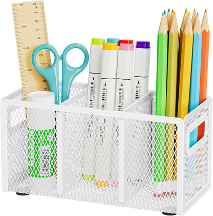 Mesh Pen Holder for Desk, Pencil Holder Desk Organizer 3 Adjustable Compartments, Pencil Cup with Handle Perfect for Classroom, Office, Home, Makeup, Art (Black)