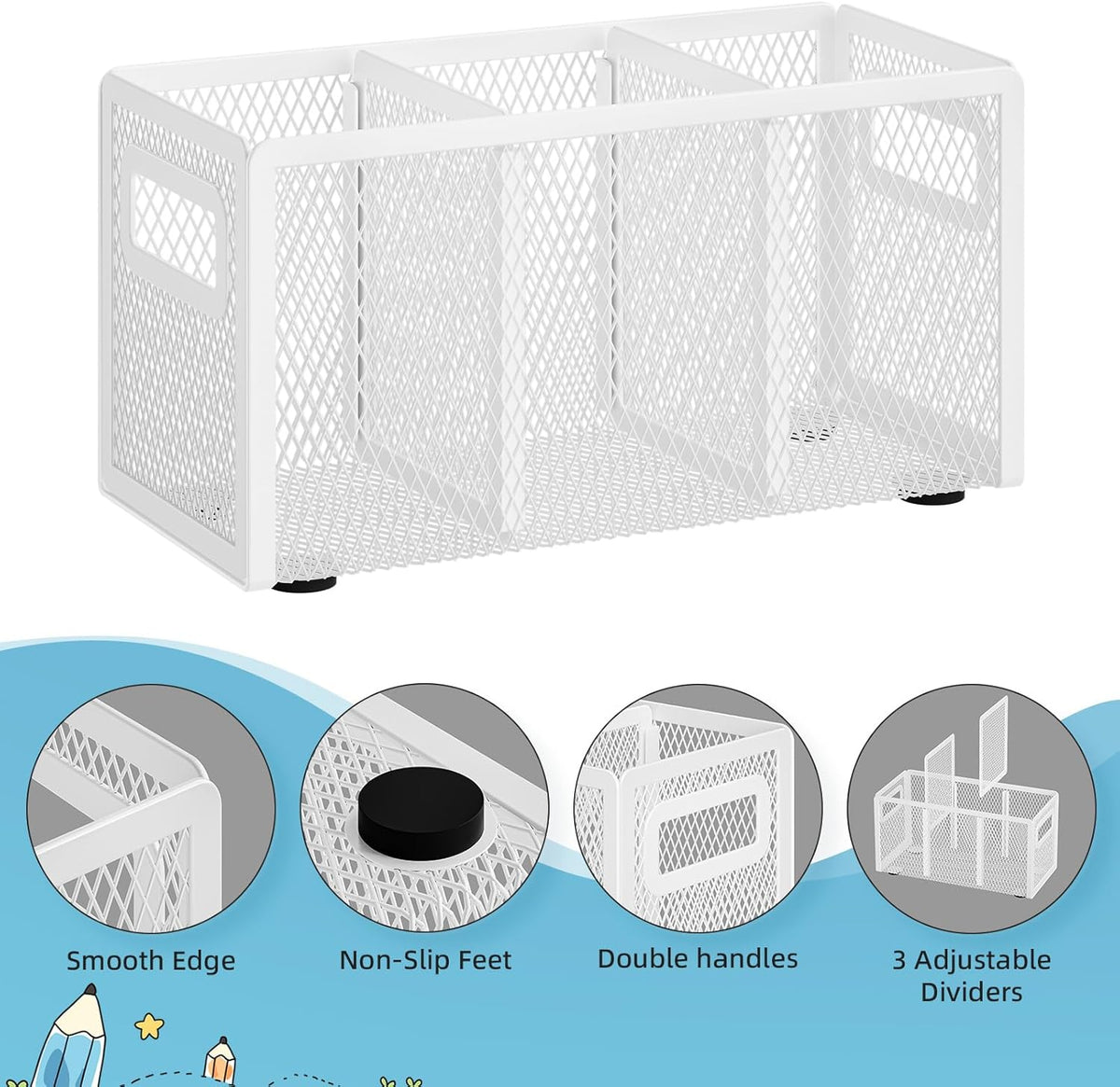 Mesh Pen Holder for Desk, Pencil Holder Desk Organizer 3 Adjustable Compartments, Pencil Cup with Handle Perfect for Classroom, Office, Home, Makeup, Art (Black)