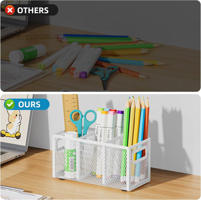Mesh Pen Holder for Desk, Pencil Holder Desk Organizer 3 Adjustable Compartments, Pencil Cup with Handle Perfect for Classroom, Office, Home, Makeup, Art (Black)