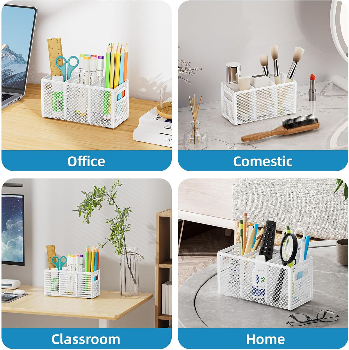 Mesh Pen Holder for Desk, Pencil Holder Desk Organizer 3 Adjustable Compartments, Pencil Cup with Handle Perfect for Classroom, Office, Home, Makeup, Art (Black)