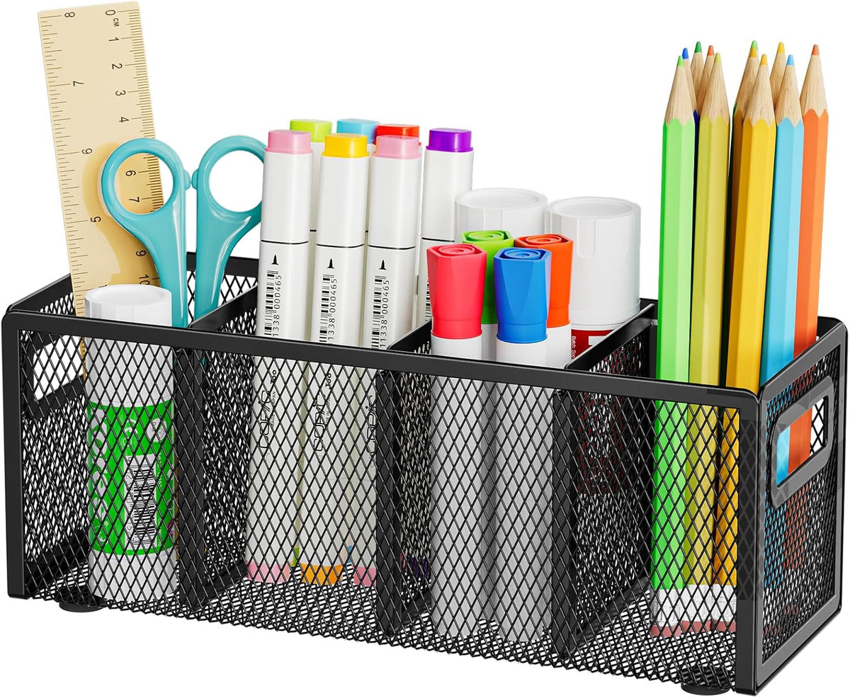 Mesh Pen Holder for Desk, Pencil Holder Desk Organizer 3 Adjustable Compartments, Pencil Cup with Handle Perfect for Classroom, Office, Home, Makeup, Art (Black)