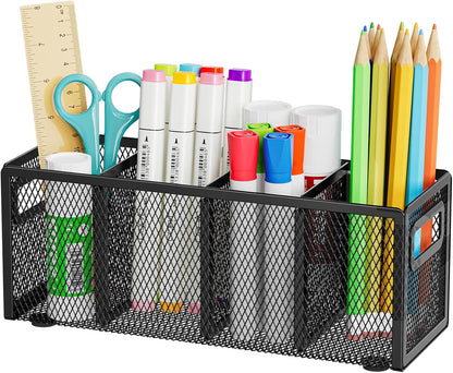 Mesh Pen Holder for Desk, Pencil Holder Desk Organizer 3 Adjustable Compartments, Pencil Cup with Handle Perfect for Classroom, Office, Home, Makeup, Art (Black)